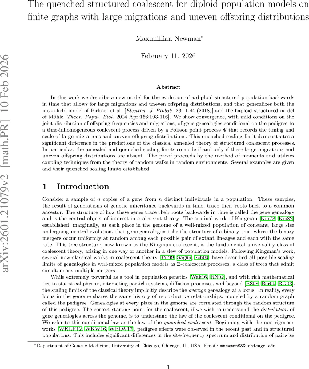 구조화된 이형체 개체군의 퀜치드 코얼센트: 대규모 이동과 비균등 번식의 새로운 스케일링 한계