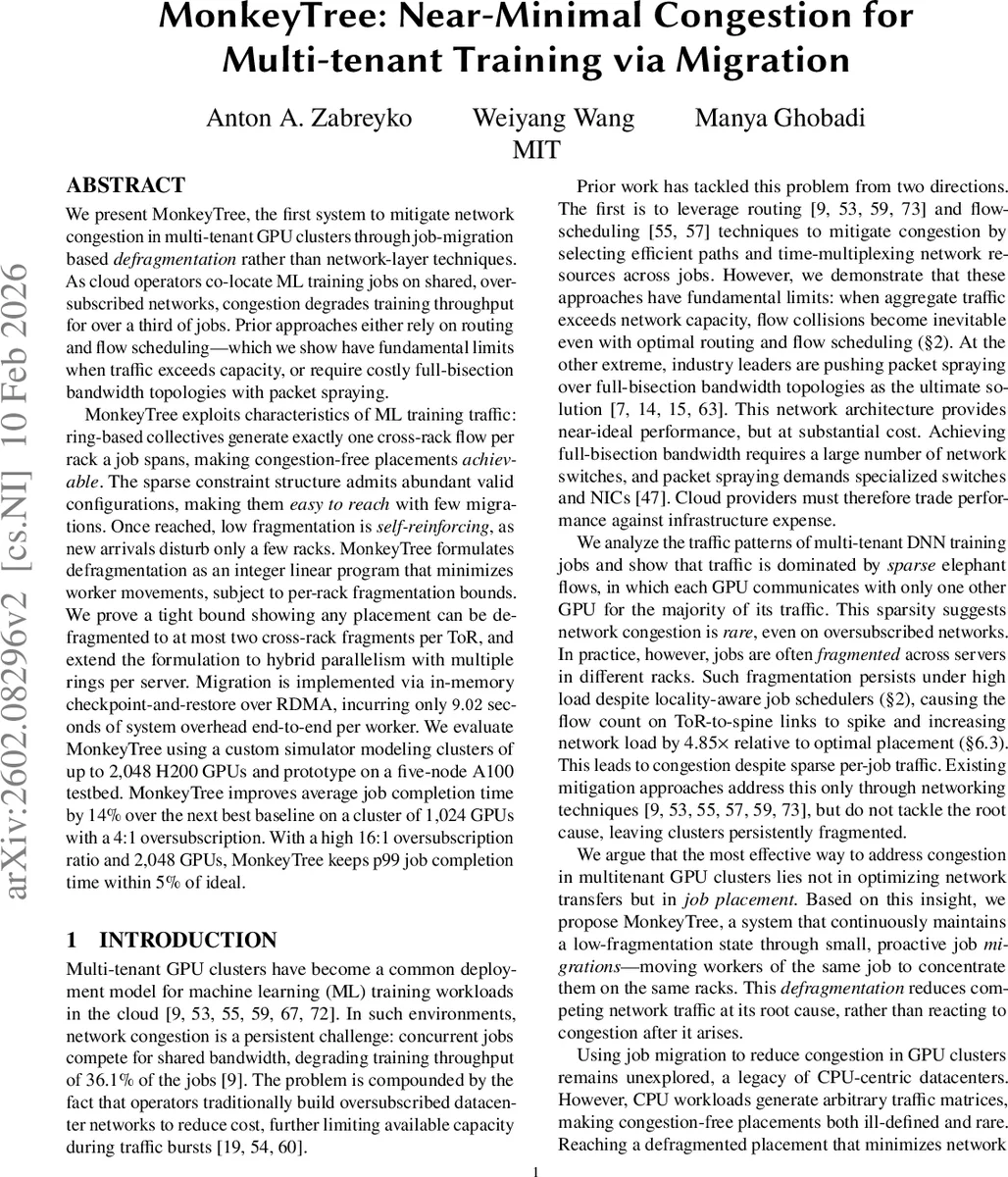 멀티테넌트 GPU 클러스터를 위한 이동 기반 혼잡 최소화 시스템, MonkeyTree