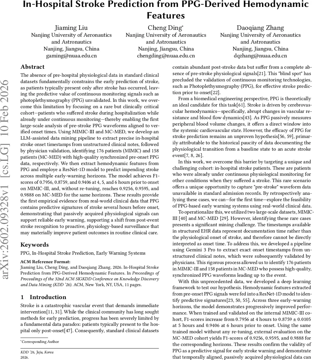 입원 중 뇌졸중 조기 예측, PPG 신호가 보여준 가능성