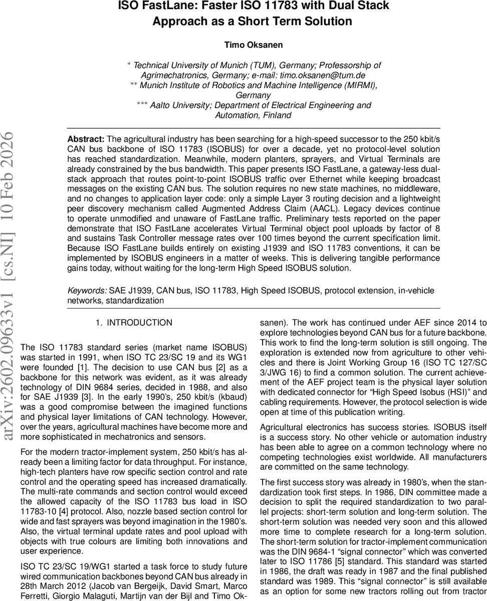ISO FastLane 이중 스택 고속 ISOBUS 단기 솔루션