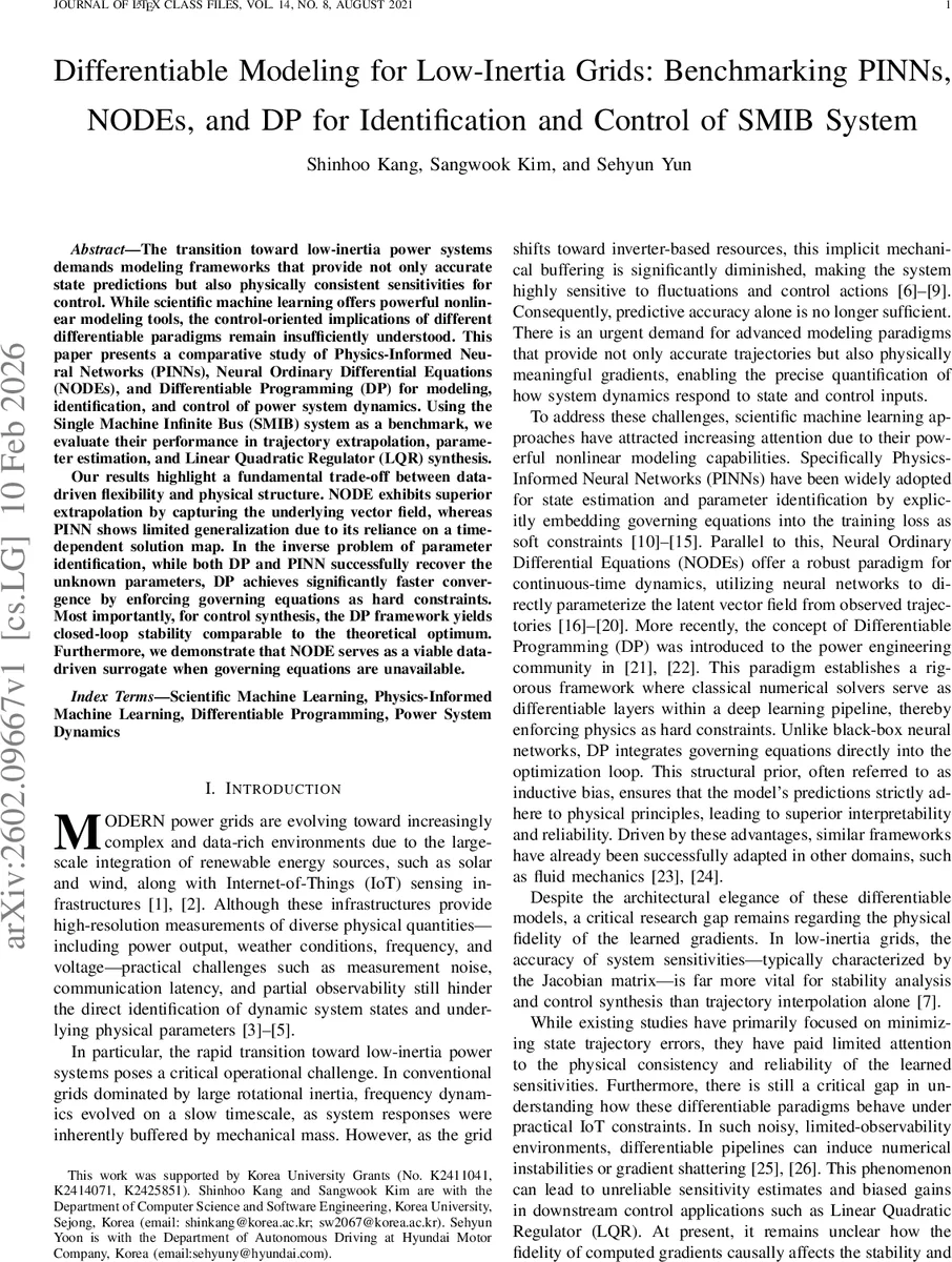 저관성 전력망을 위한 차분가능 모델링: SMIB 시스템에서 PINN·NODE·DP 비교 분석