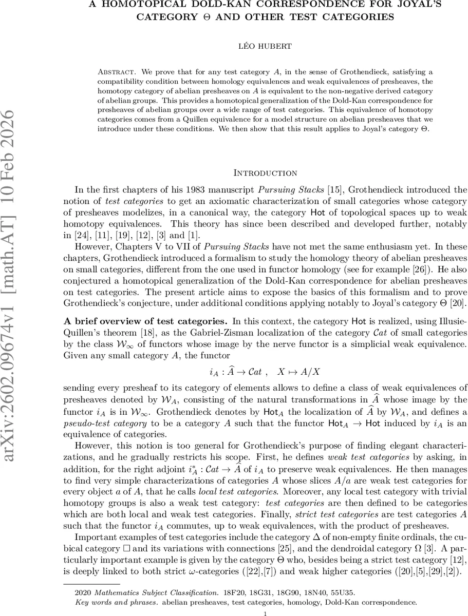 테스트 범주와 Θ에 대한 동차적 Dold‑Kan 대응