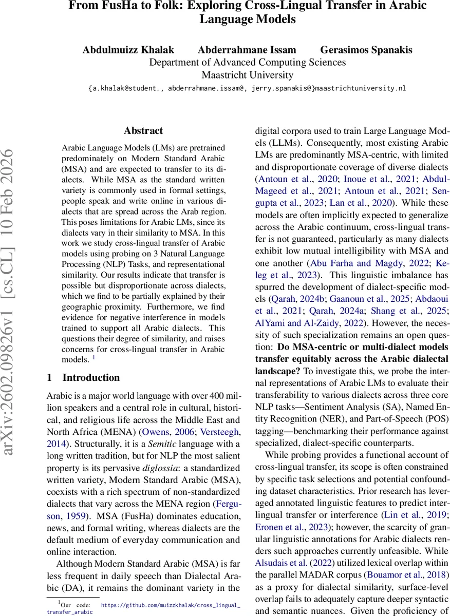 아라비아어 방언 전이: MSA와 방언 모델의 교차‑언어 탐구