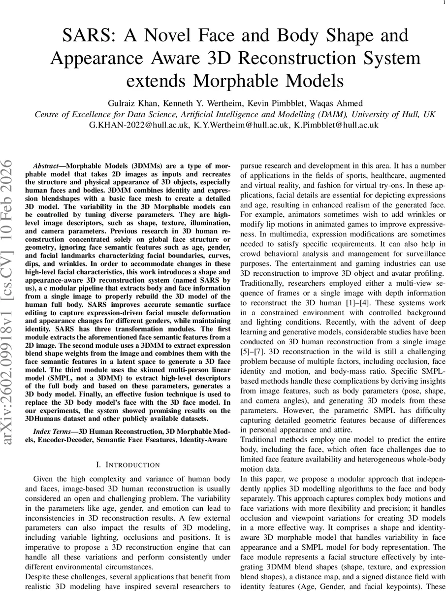 SARS: 얼굴과 몸의 형태 및 외형을 인지하는 혁신적인 3D 재구성 시스템