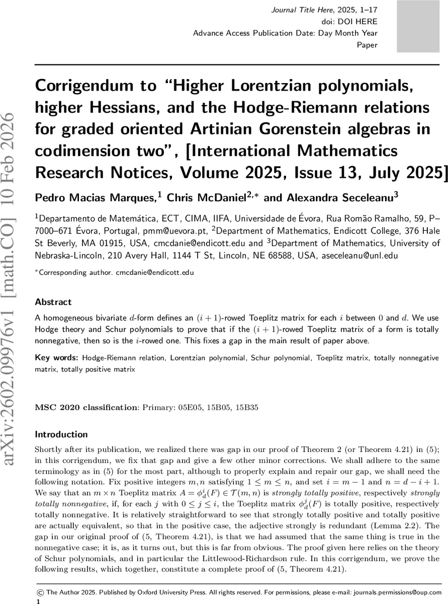 토플리츠 행렬의 완전 비음성성 보정과 호지 리만 관계