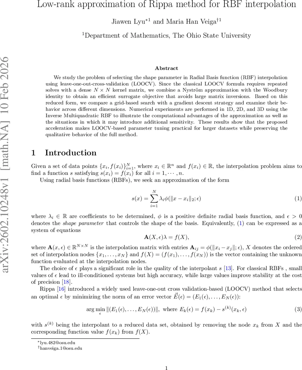 저차원 근사로 가속하는 RBF 보간의 Rippa 파라미터 최적화