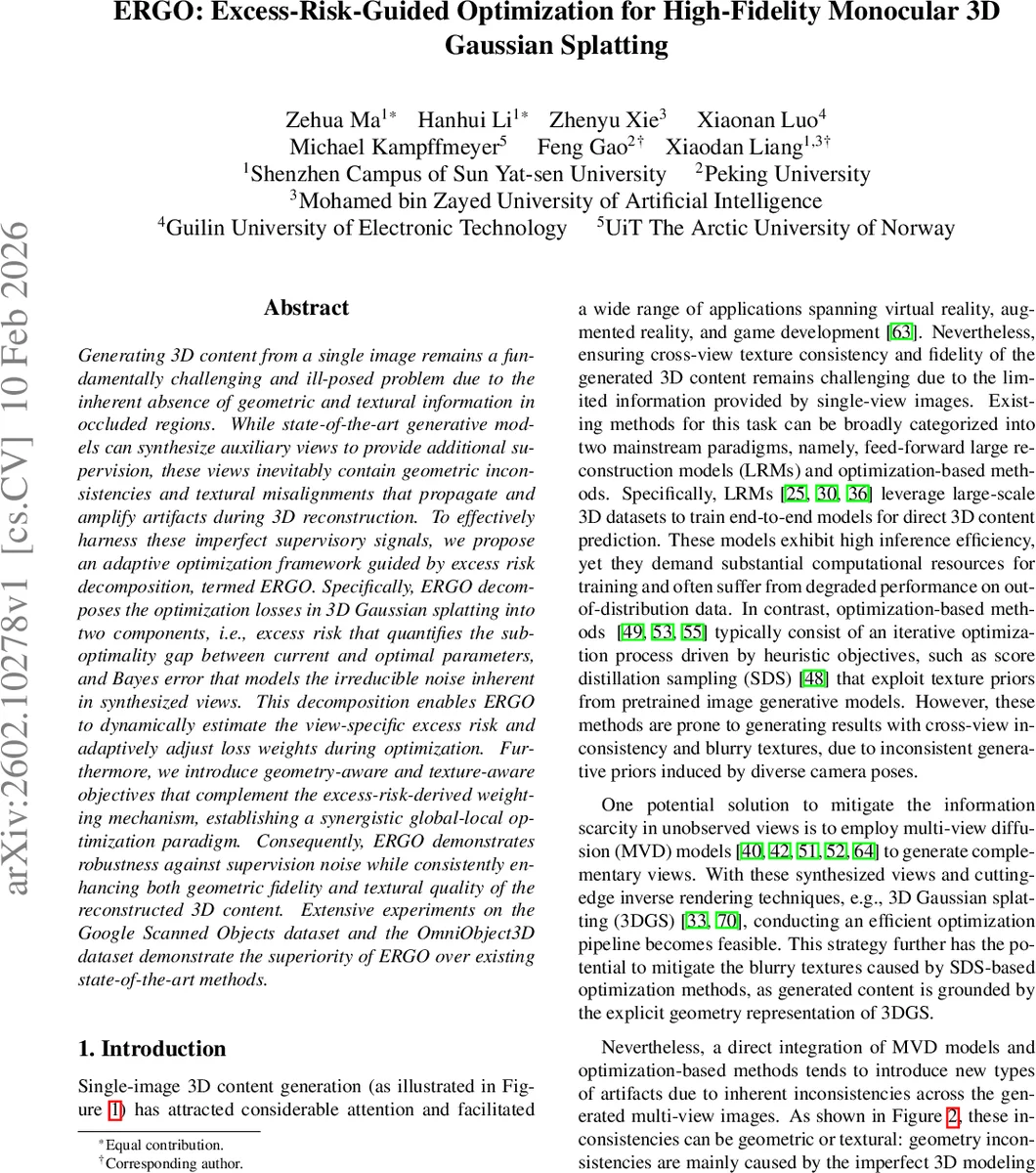 단일 이미지에서 고품질 3D 가우시안 스플래팅을 위한 초과위험 기반 최적화 ERGO