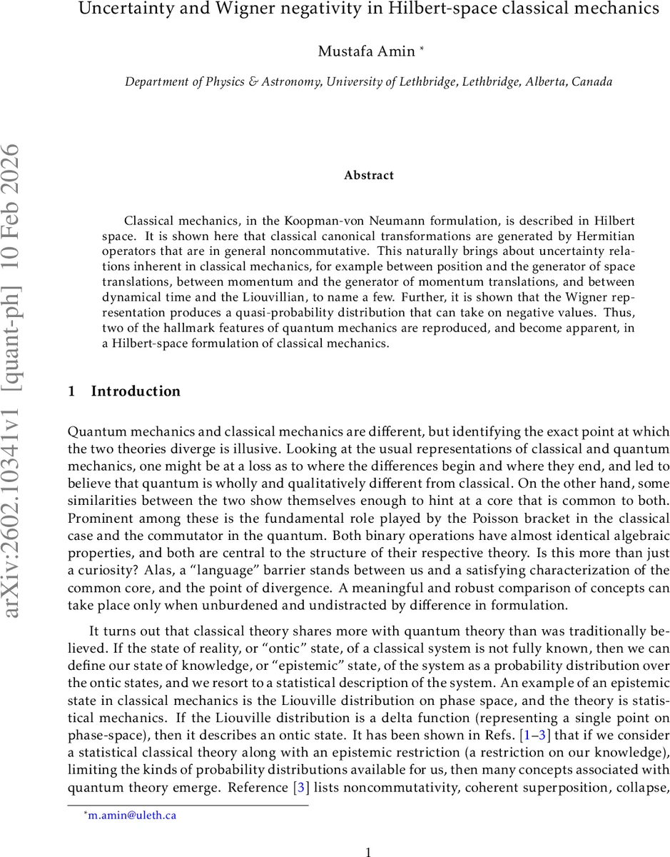 고전역학의 힐베르트 공간에서 본 불확정성 및 위그너 부정성
