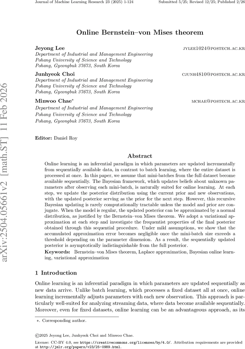 온라인 베르누이 폰미제스 정리: 순차적 변분 베이지안 추정의 이론적 정당성