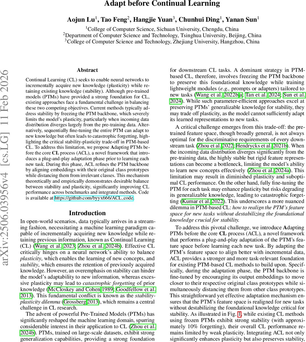 연속학습 전 사전학습 모델 적응으로 플라스티시티 강화