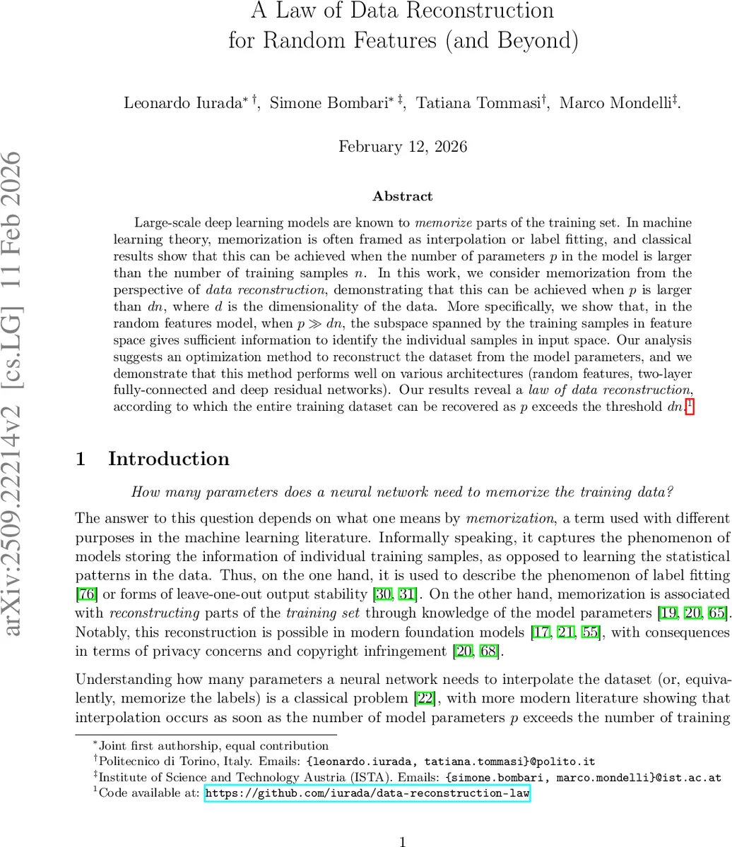 데이터 재구성 법칙: 파라미터 수가 입력 차원·샘플 수의 곱을 초과할 때