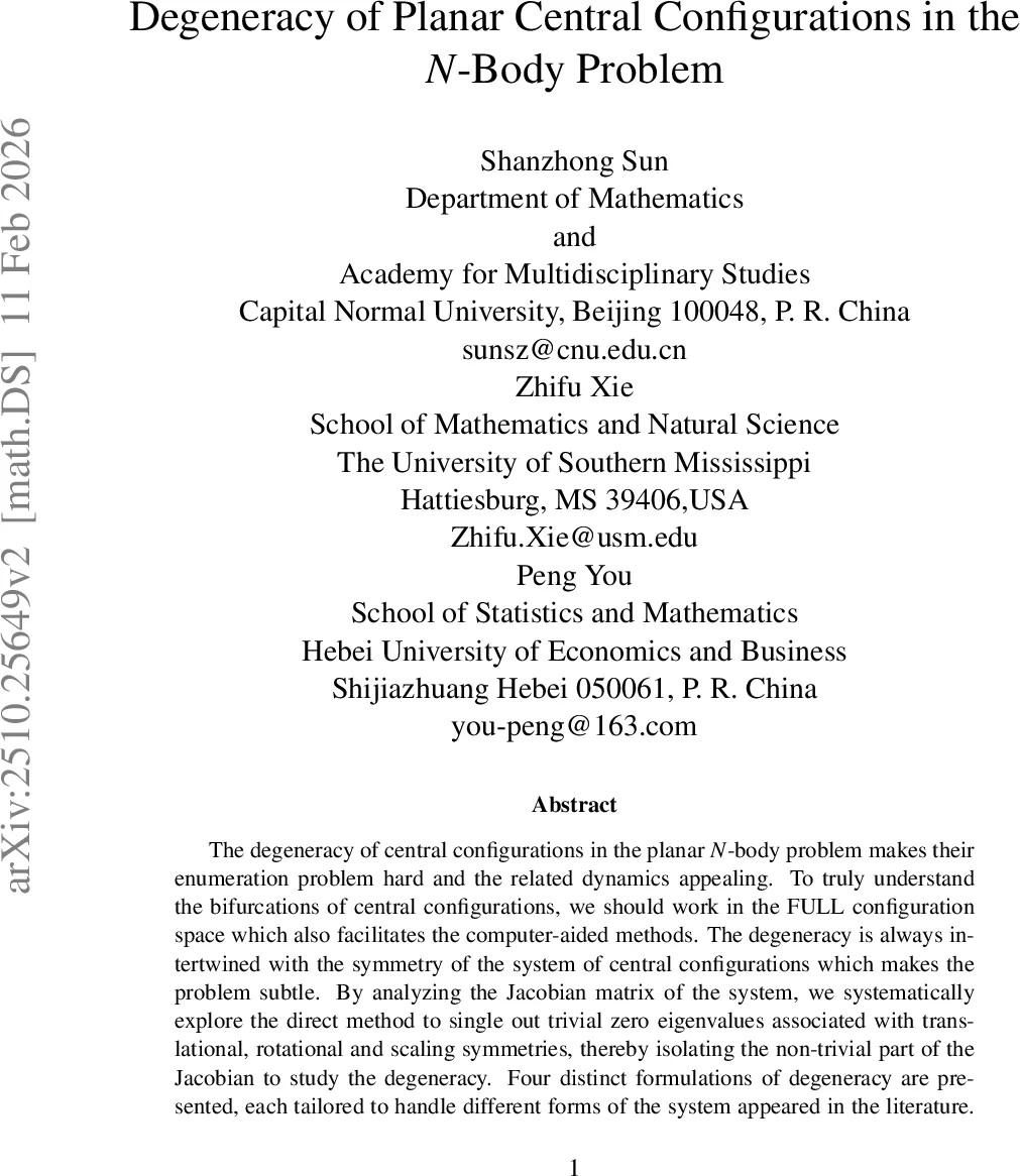 평면 N 체 문제에서 중심배치의 퇴화와 비퇴화 분석