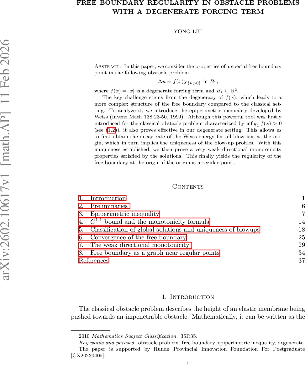 퇴화 강제항을 가진 장애물 문제의 자유 경계 정규성 연구