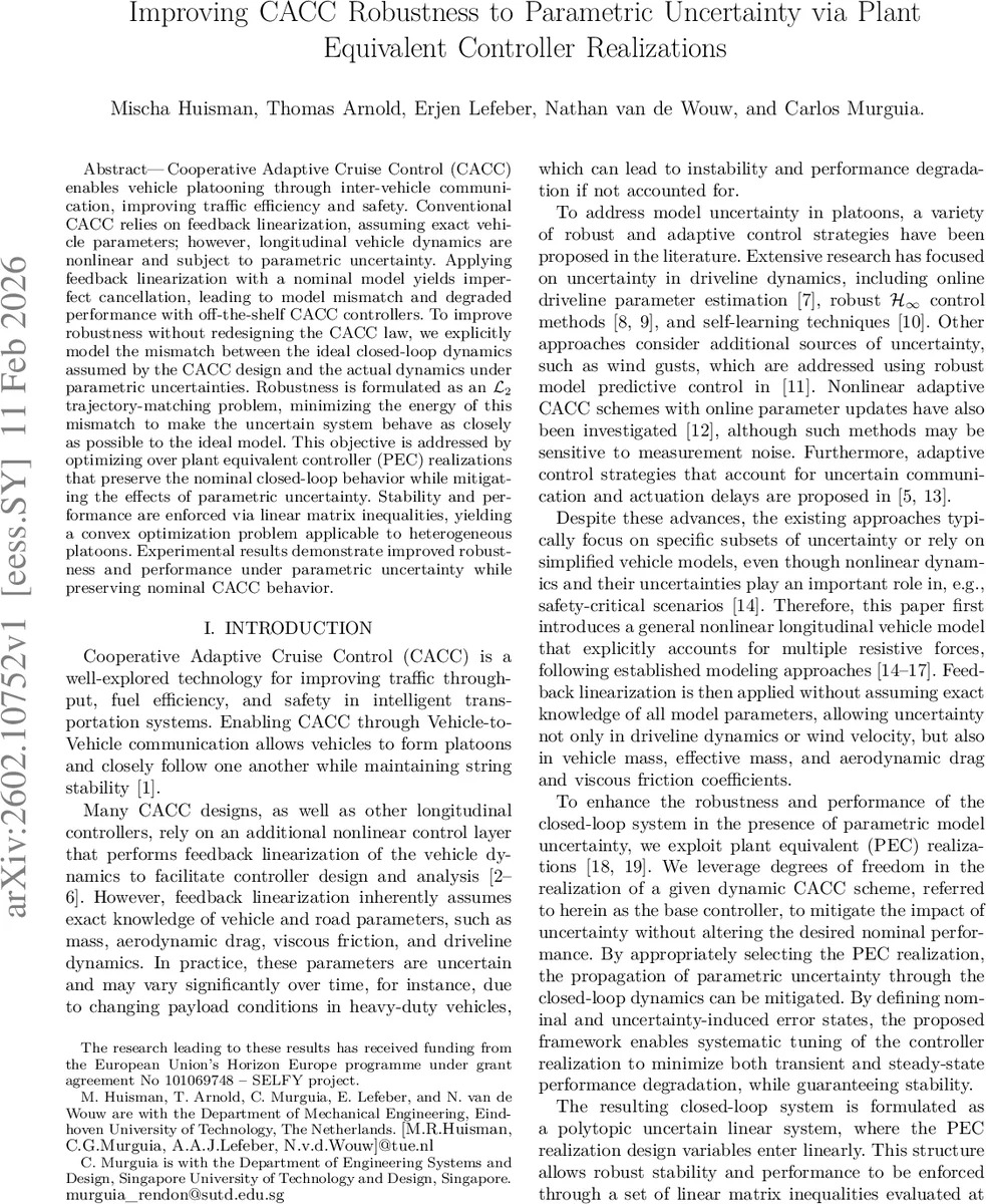 파라미터 불확실성에 강인한 CACC 구현을 위한 식물 등가 제어기 설계