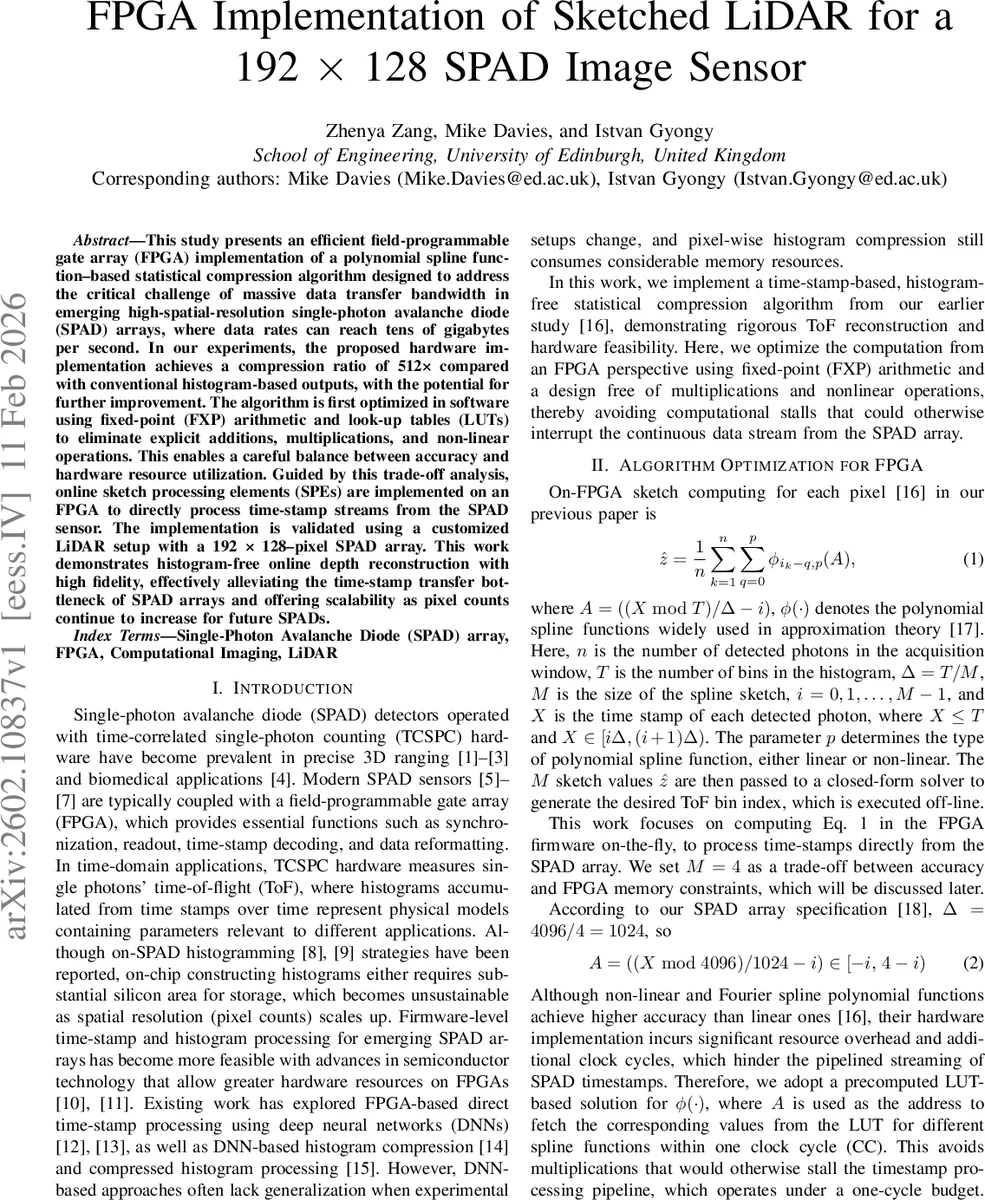 고속 SPAD 이미지 센서를 위한 FPGA 기반 스케치 라이다 구현