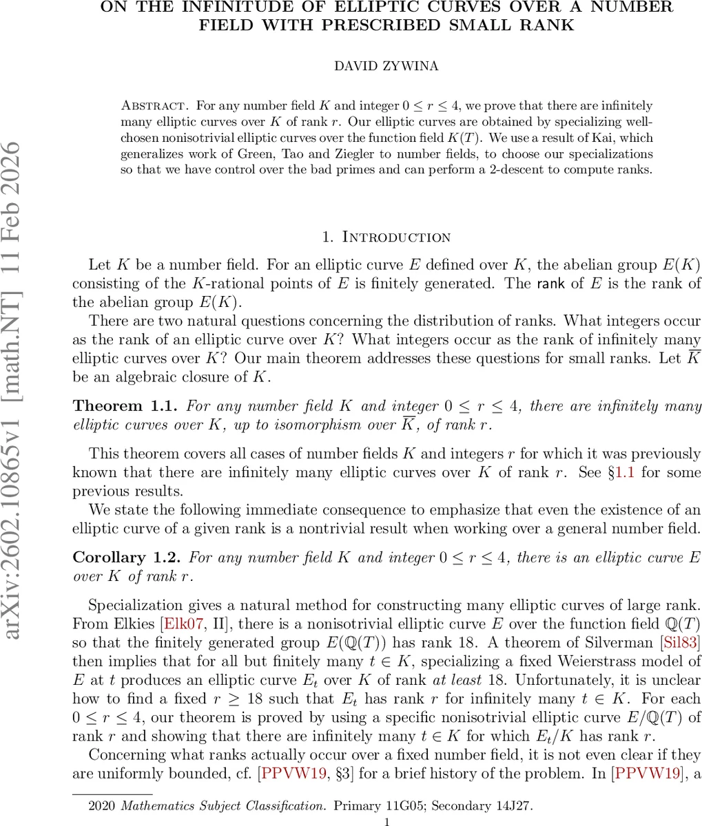 수체 위 타원곡선의 작은 계수 무한성