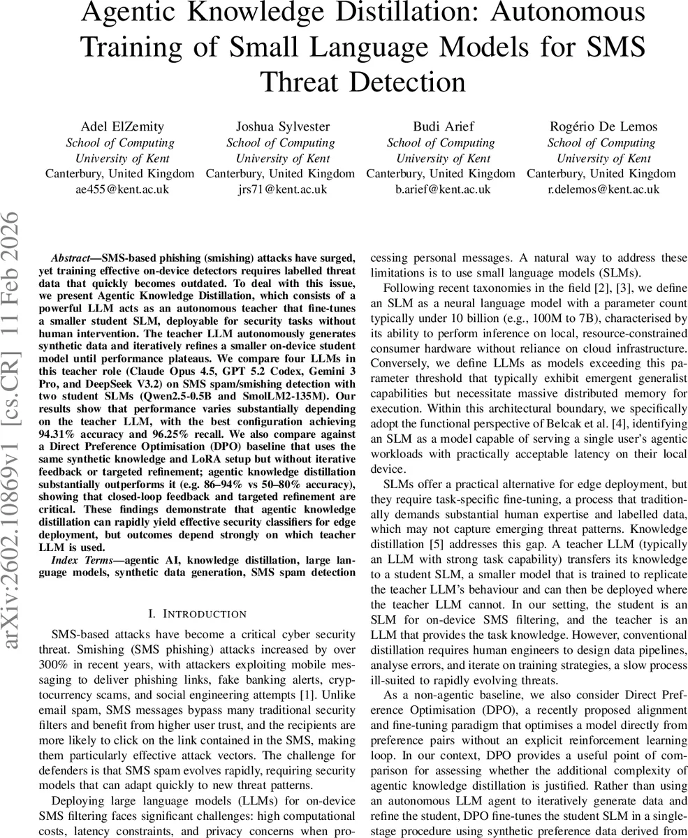 에이전트 지식 증류를 활용한 SMS 위협 탐지용 소형 언어 모델 자동 학습