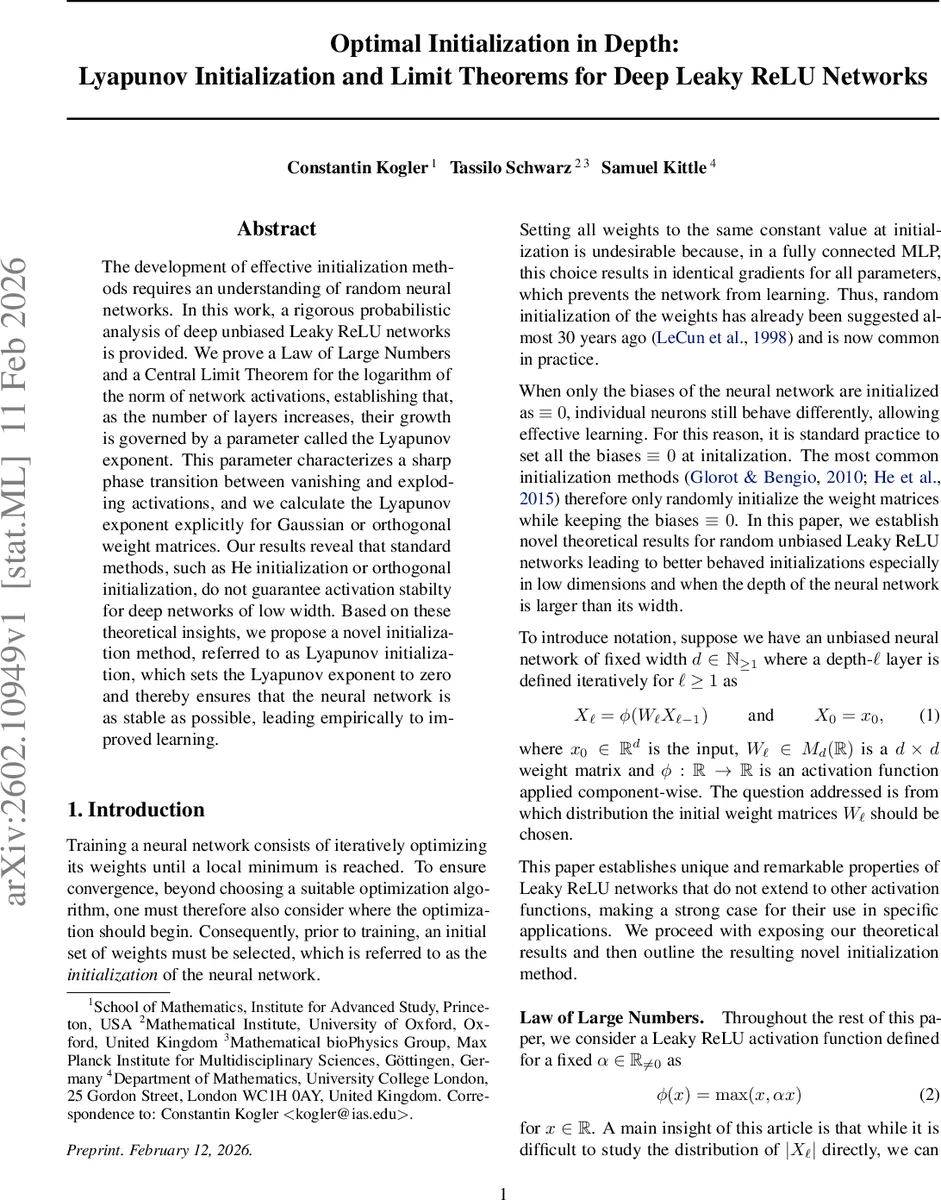 깊은 Leaky ReLU 네트워크를 위한 라프노프 초기화와 한계정리