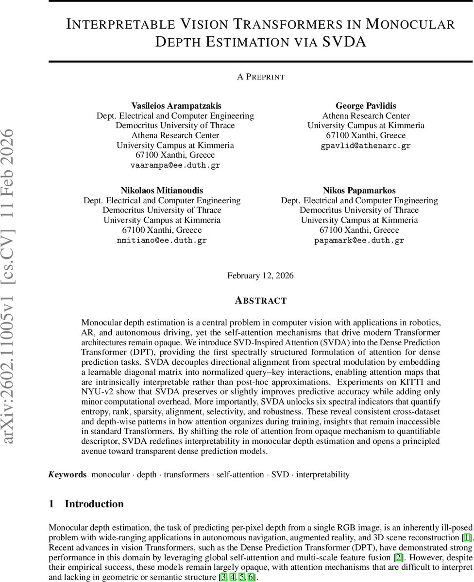 SVDA 기반 투명 딥 깊이 추정: 스펙트럼 구조와 해석 가능성
