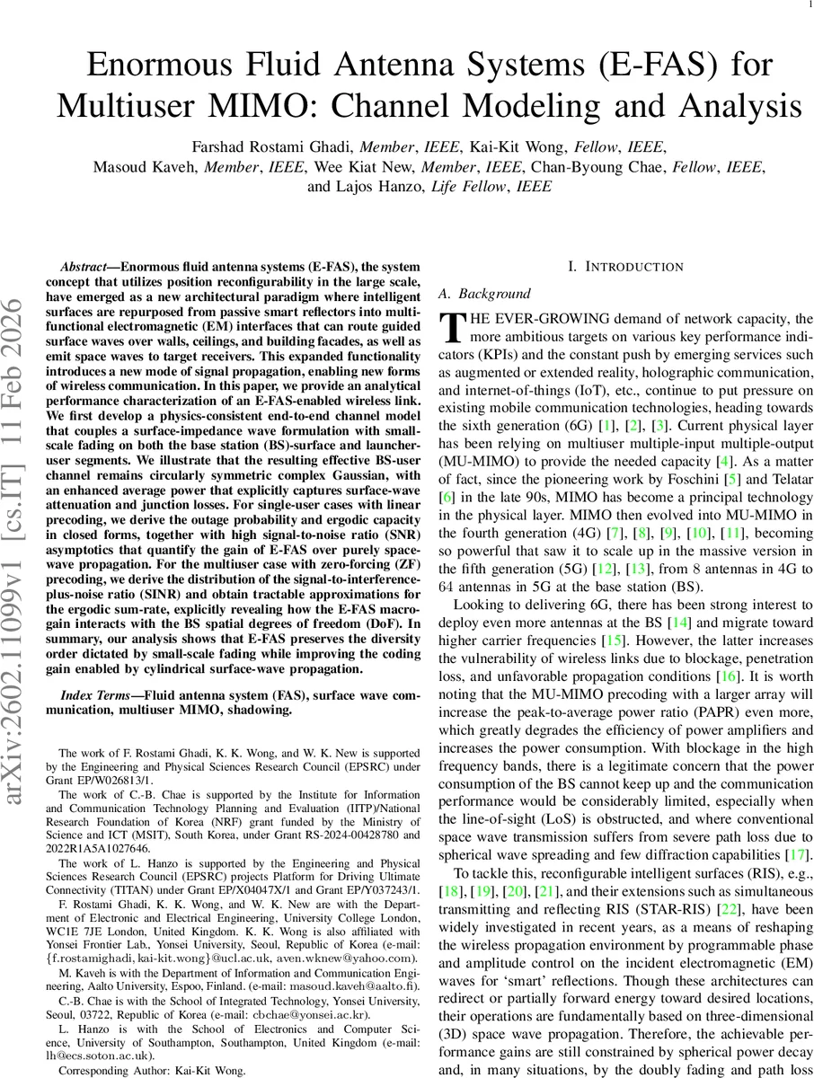 거대한 유체 안테나 시스템을 이용한 다중사용자 MIMO 채널 모델링 및 성능 분석