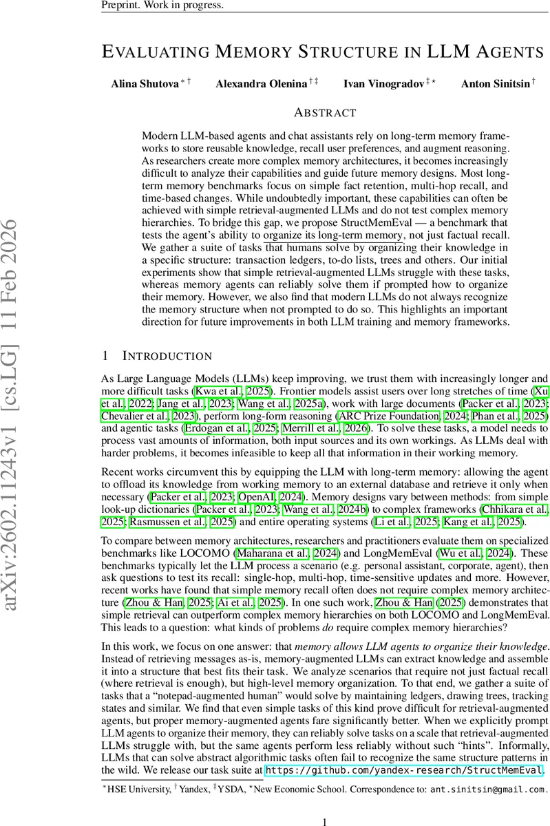 구조화된 기억 평가: LLM 에이전트의 메모리 조직 능력