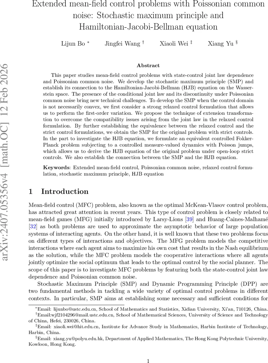 포아송 공통 노이즈가 있는 확장 평균장 제어 문제: 최적 제어 원리와 HJB 방정식