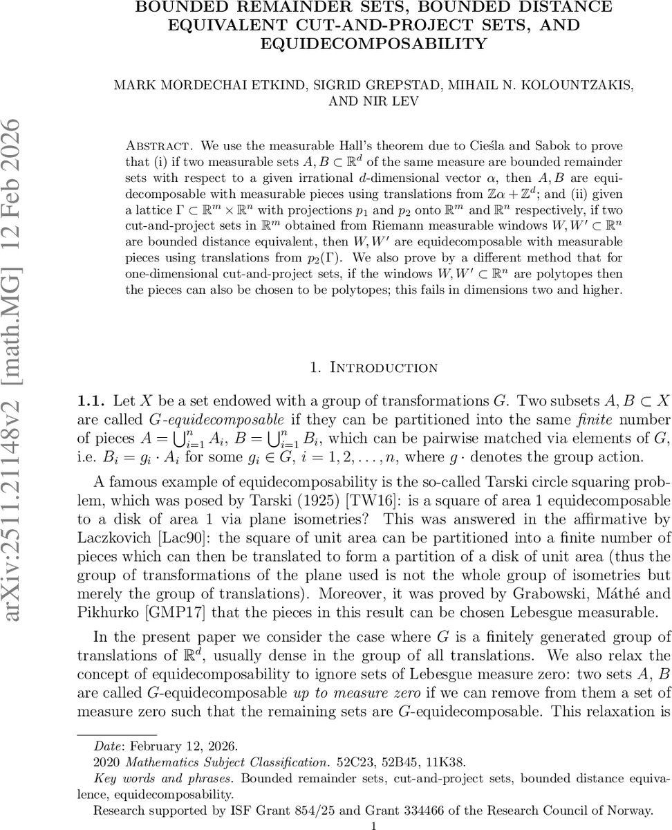 측정가능한 할의 정리로 본 유계 나머지 집합·절단 투사 집합의 등분해와 거리 제한 동등성