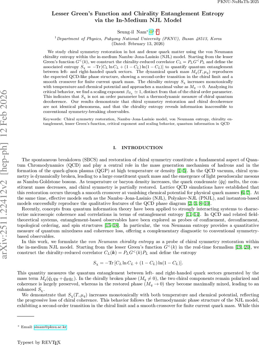 실제 매질 NJL 모델을 통한 차별성 그린 함수와 손잡이 엔트로피 연구