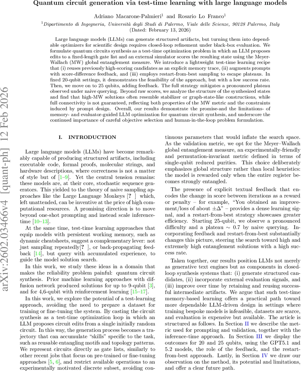 대형 언어 모델을 활용한 양자 회로 생성 및 테스트 시 학습