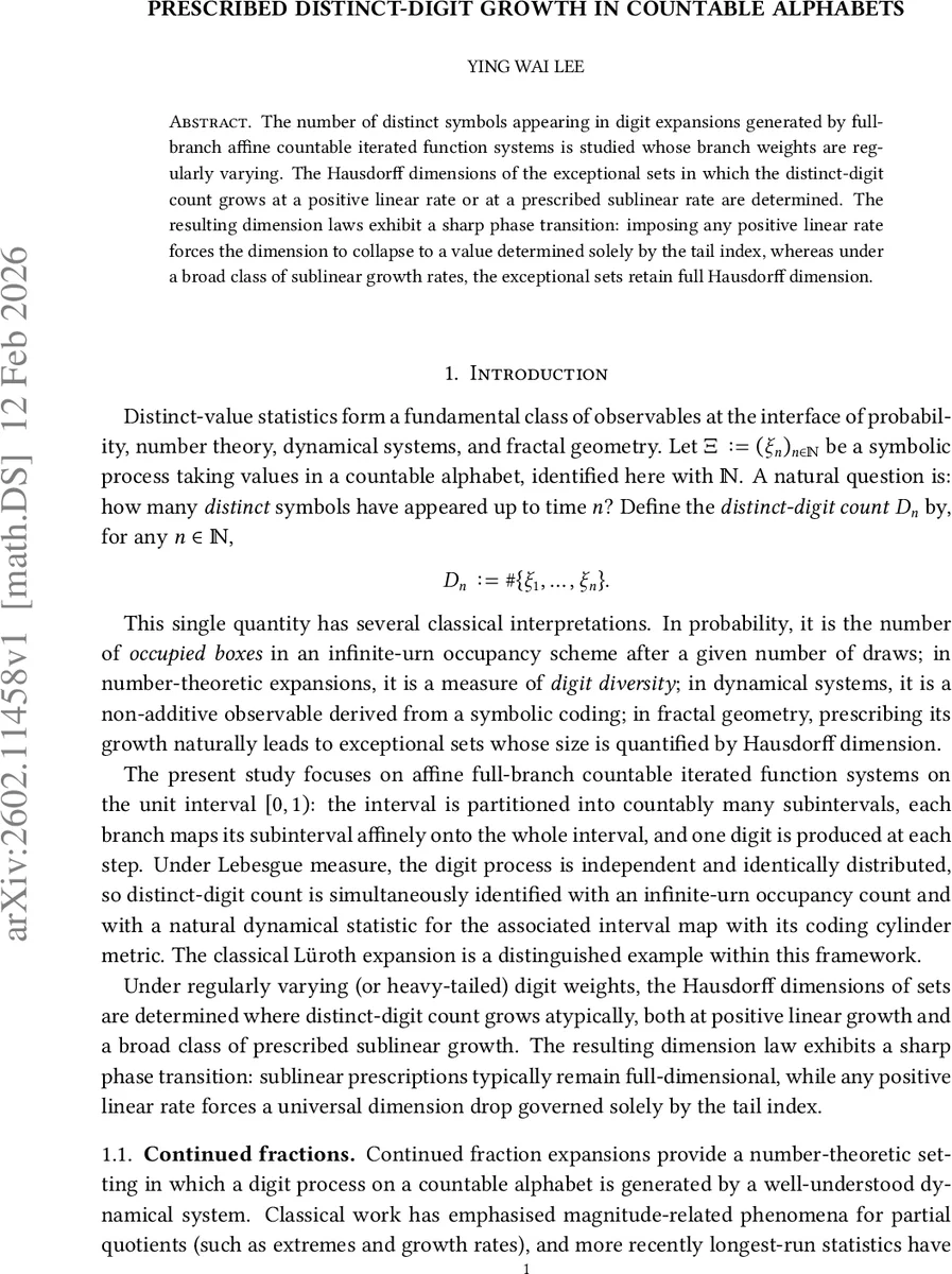 카운터블 알파벳에서 지정된 서로 다른 자리수 성장의 차원 전이