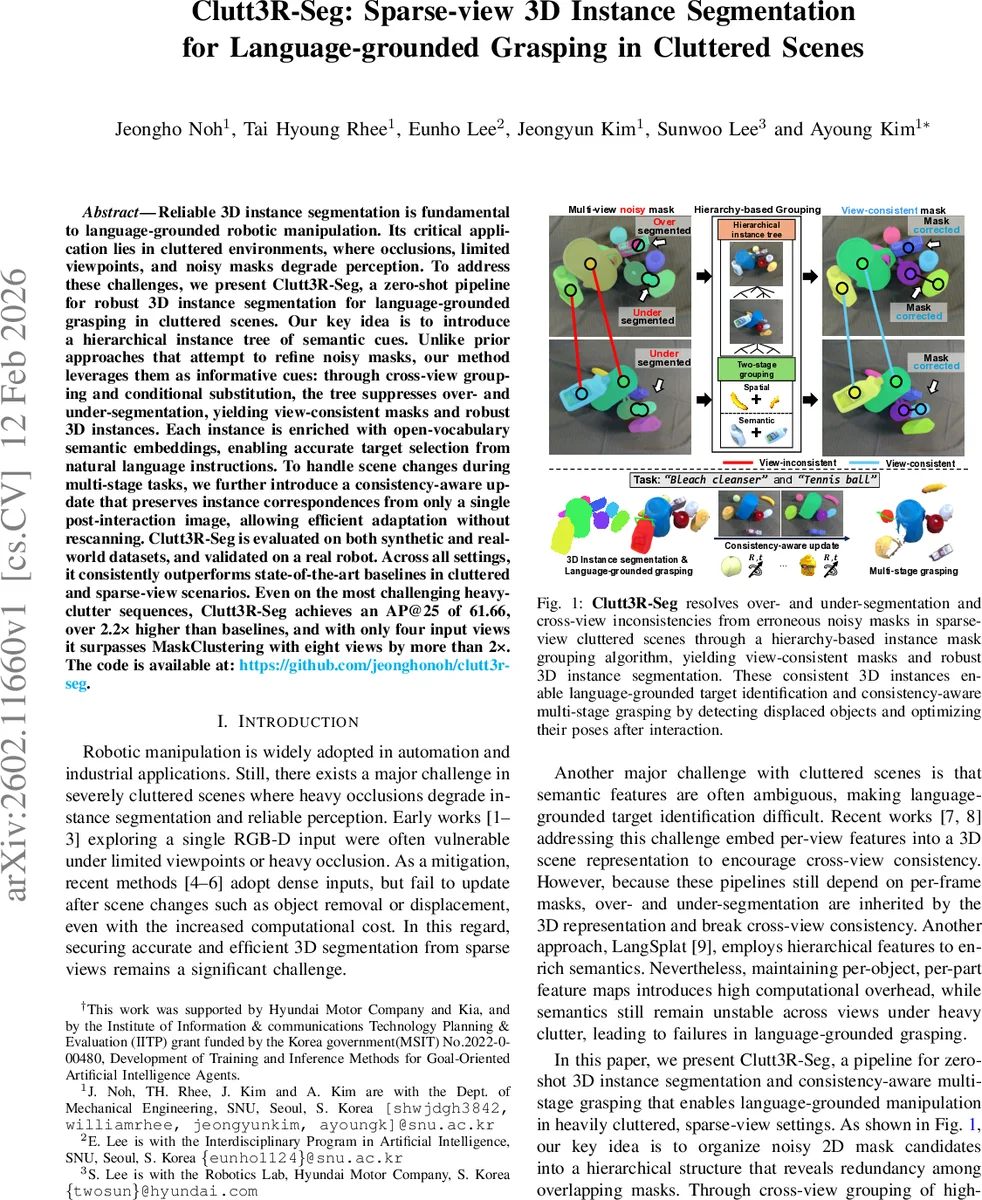 클러터된 장면을 위한 희소 뷰 3D 인스턴스 분할 및 언어 기반 그리핑