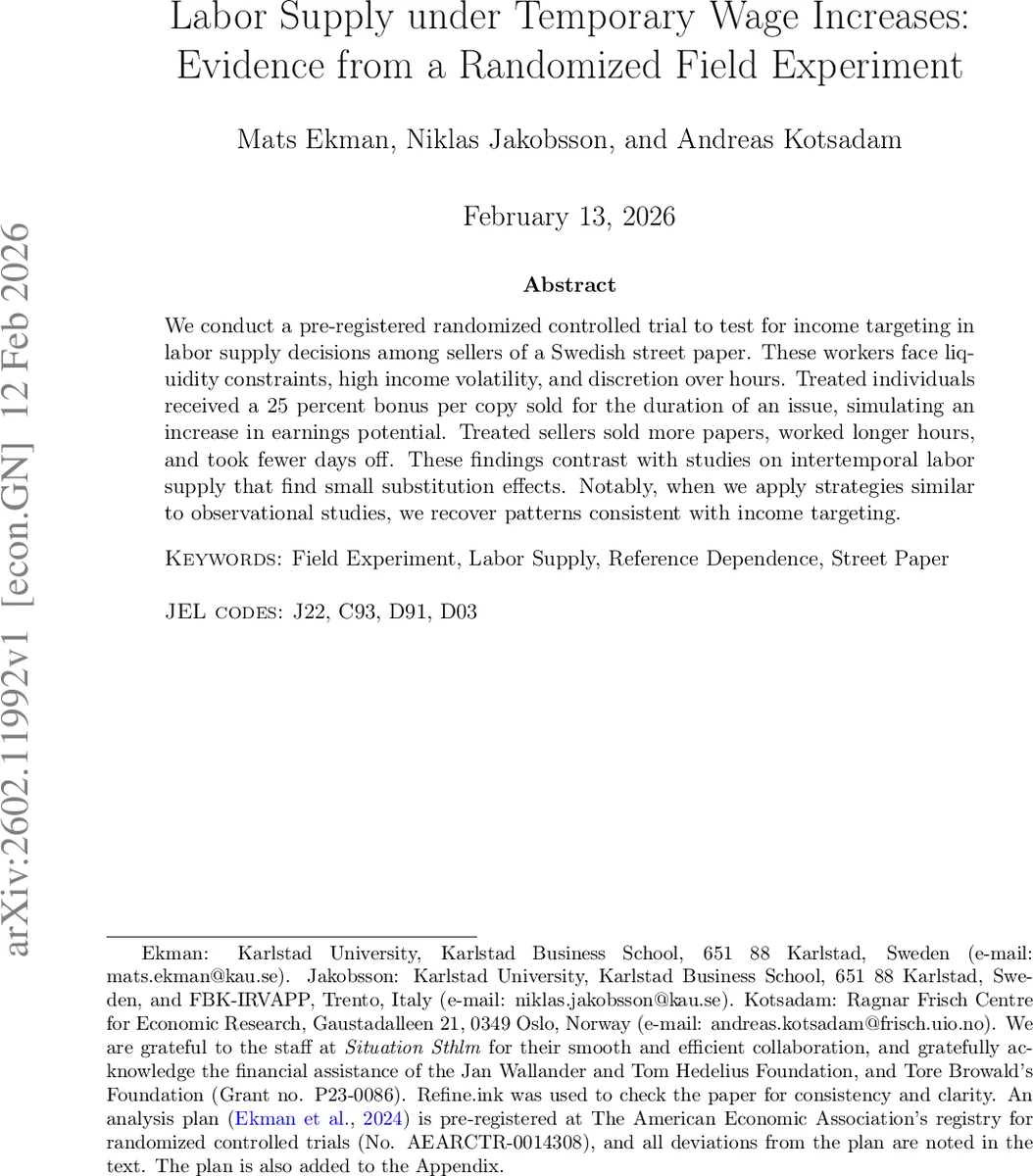 임시 임금 인상이 노동 공급에 미치는 영향 무작위 현장 실험 증거