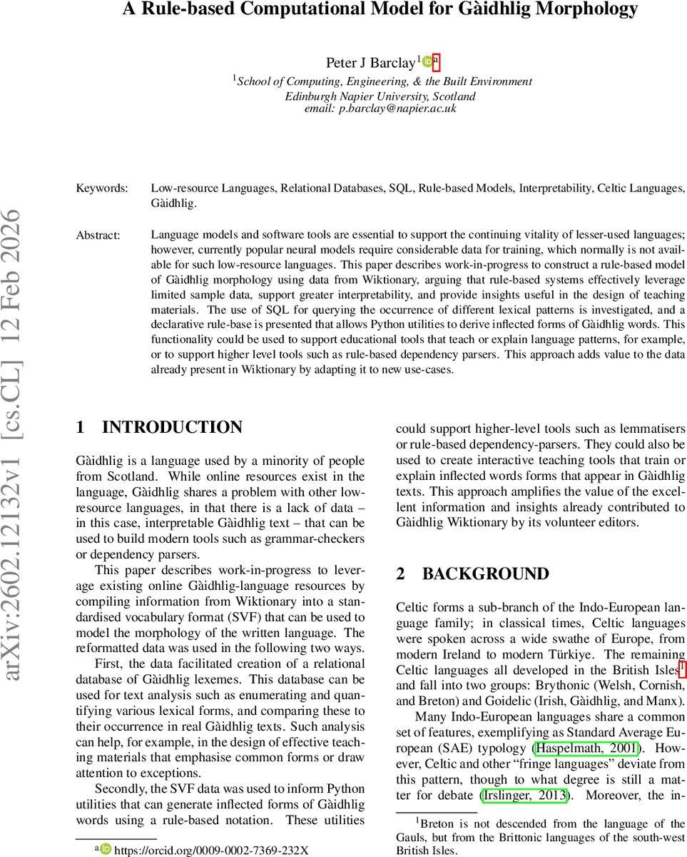 규칙 기반 가엘어 형태소 모델링: 위키낱말사전 활용
