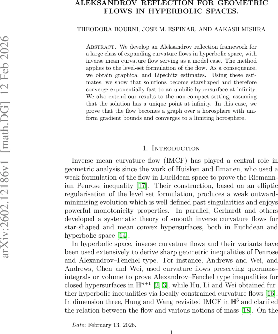 하이퍼볼릭 공간에서 기하학적 흐름을 위한 알렉산드로프 반사법