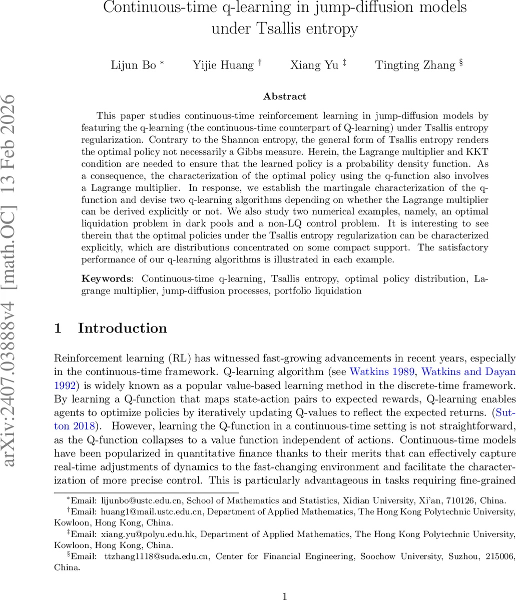 연속시간 q 학습을 이용한 점프 확산 모델의 Tsallis 엔트로피 정규화 최적제어