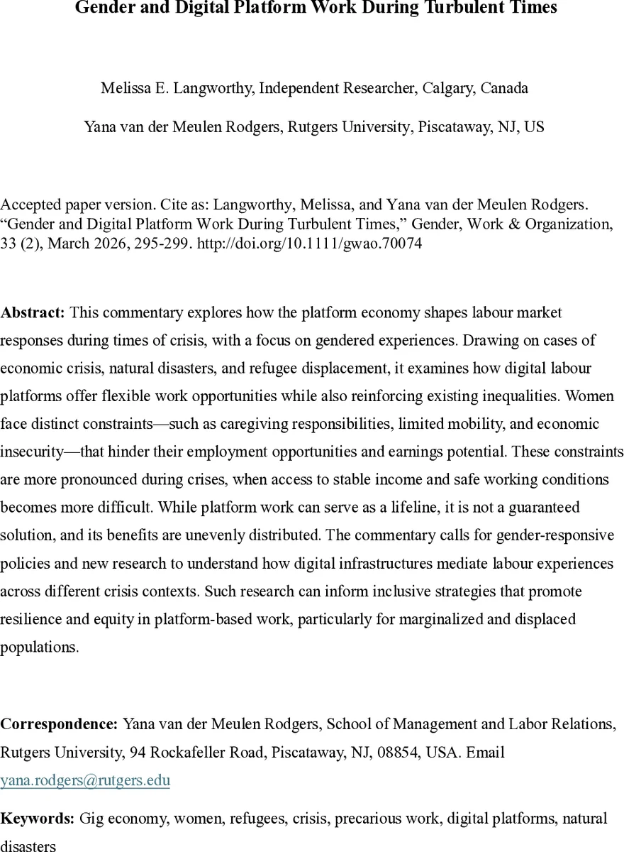 위기 속 디지털 플랫폼 노동, 성별 격차와 회복력