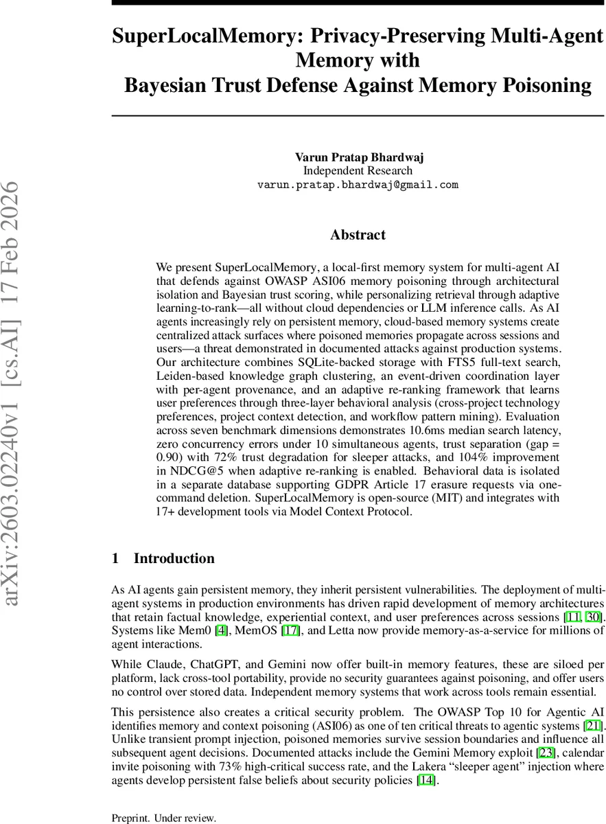 프라이버시 보호와 베이지안 신뢰 방어를 갖춘 로컬 멀티에이전트 메모리 시스템