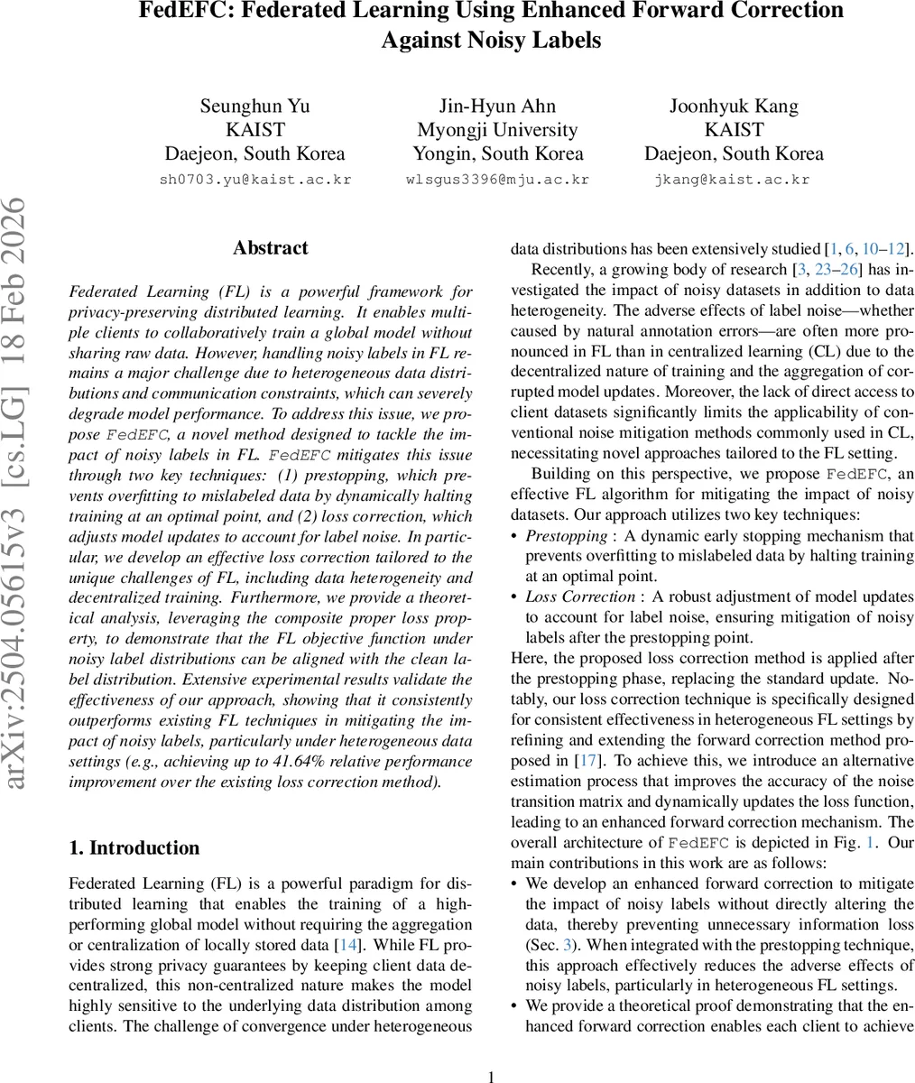 연합학습에서 잡음 라벨을 위한 향상된 전방 보정 FedEFC