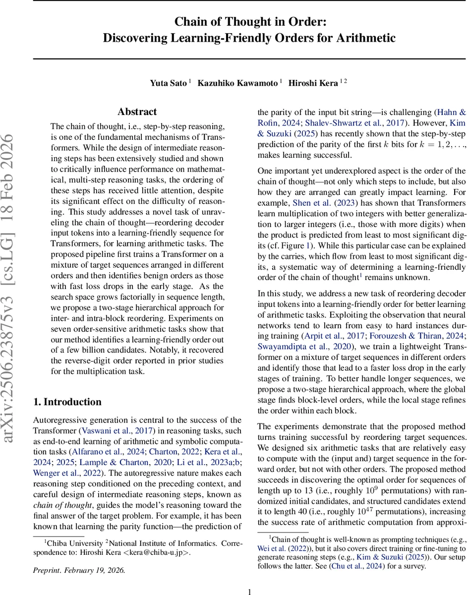 연산 학습을 위한 학습 친화적 토큰 순서 탐색