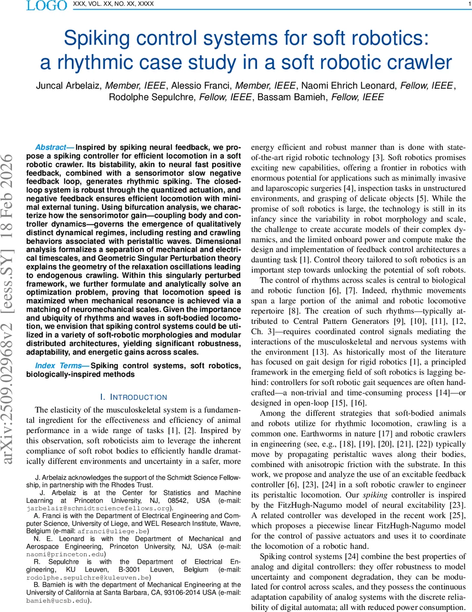 연성 로봇 크롤러를 위한 스파이킹 제어 시스템과 리듬 구동 메커니즘