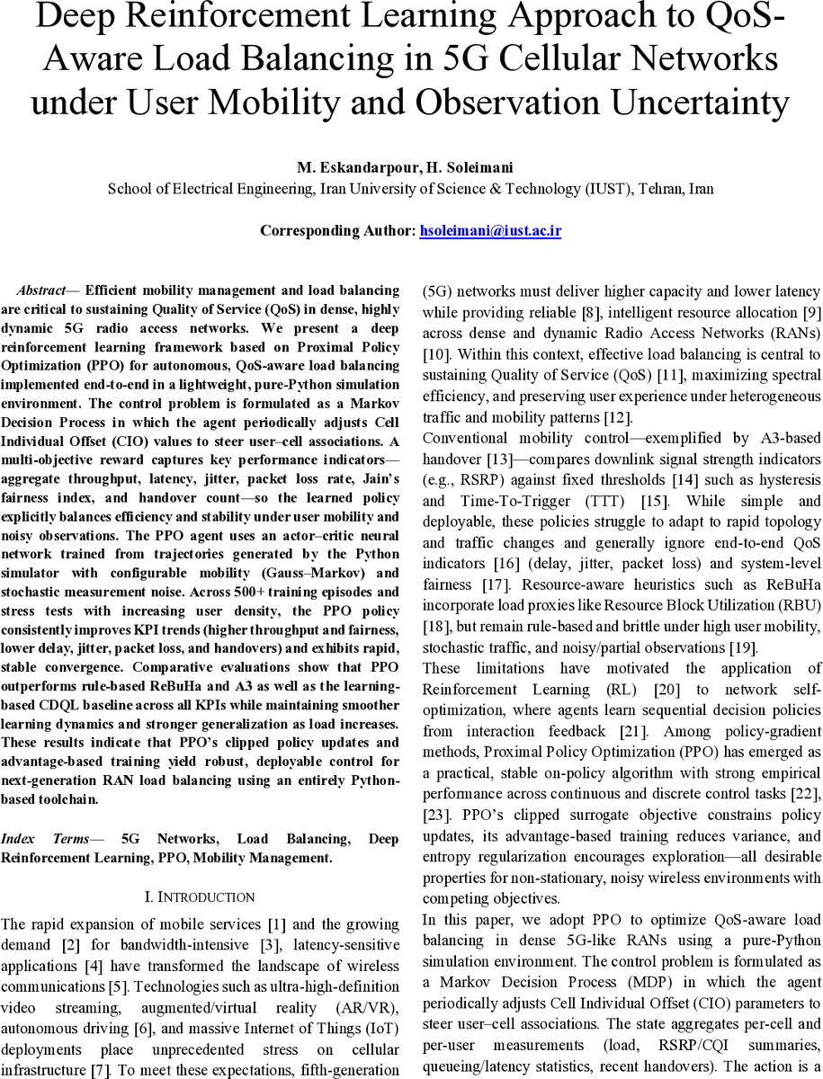 5G 네트워크에서 이동성·관측 불확실성을 고려한 QoS‑중심 로드밸런싱을 위한 PPO 기반 딥 강화학습