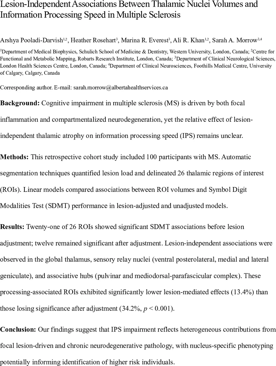 다발성 경화증에서 시냅스 손상과 무관한 시상 핵 부피 감소가 정보 처리 속도 저하와 연결됨