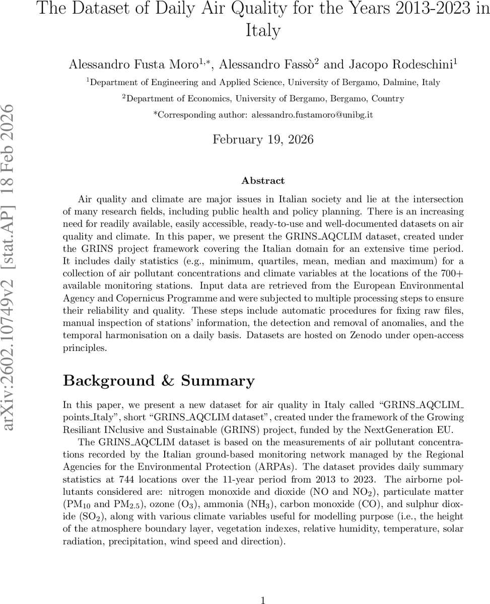 이탈리아 2013‑2023 연간 대기질·기후 데이터베이스 GRINS AQCLIM 공개