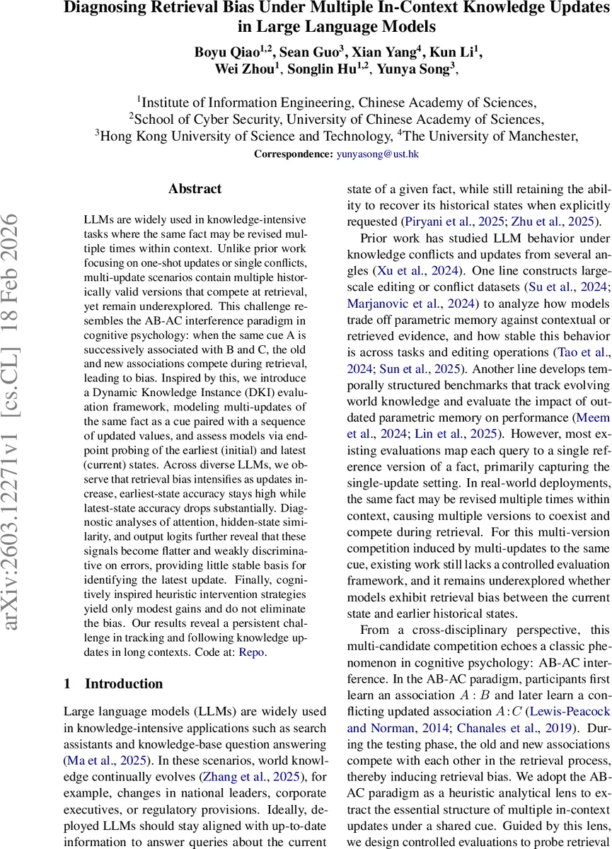 다중 인컨텍스트 지식 업데이트에서 검색 편향 진단