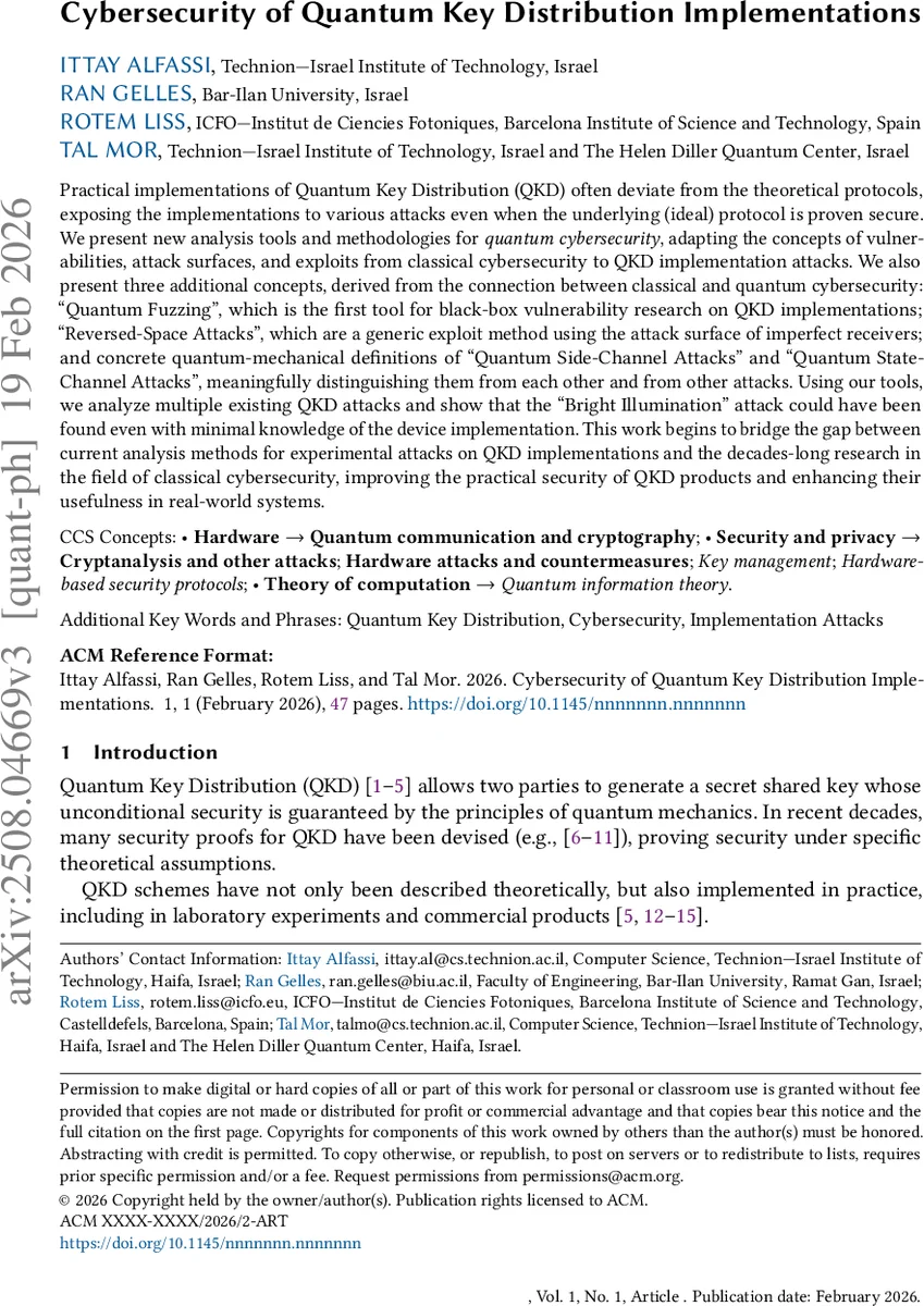 양자키분배 구현 보안 분석 취약점 공격면 양자퍼징