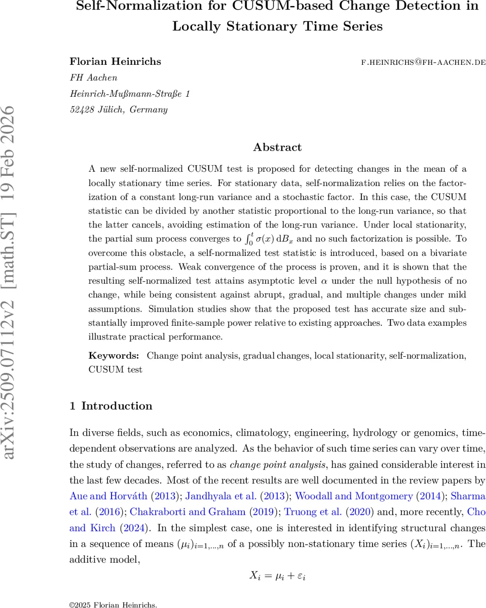 지역적 정상성 시계열의 자기정규화 CUSUM 변화점 검정