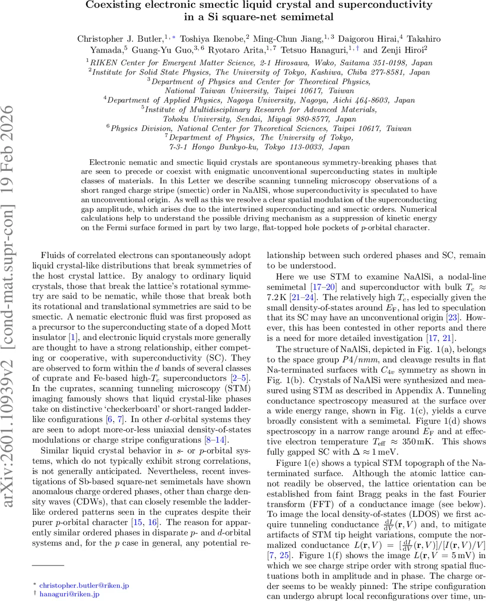 스퀘어‑넷 반도체 NaAlSi에서 전자 스메틱 액정과 초전도성의 동시 존재