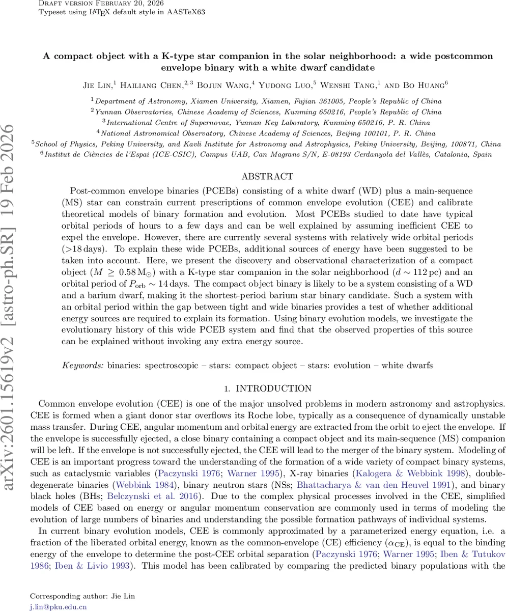 태양 근처 K형 별과 흰색왜성 후보를 품은 넓은 포스트공통포락 이진