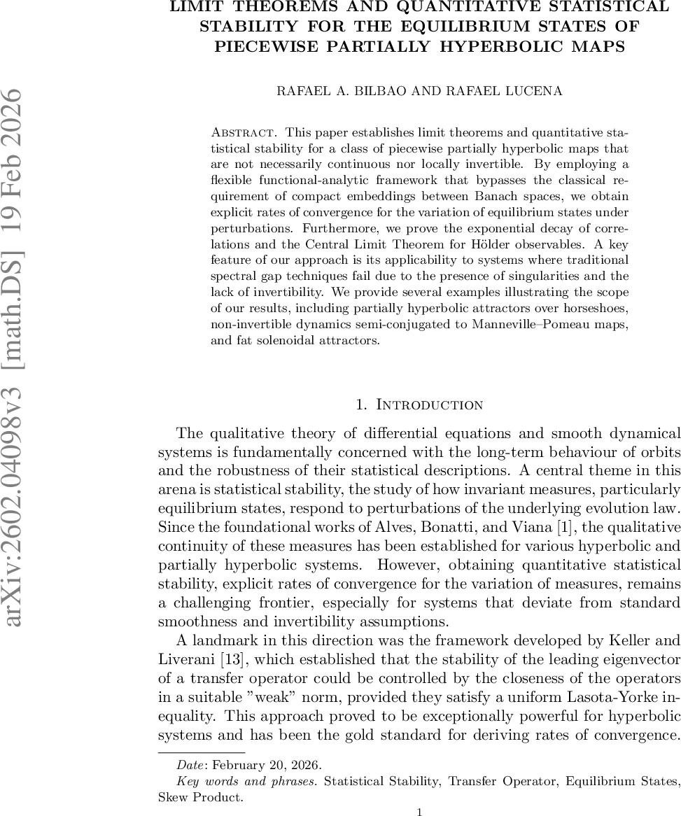 부분연속 부분쌍곡 지도들의 평형상태에 대한 극한정리와 정량적 통계안정성