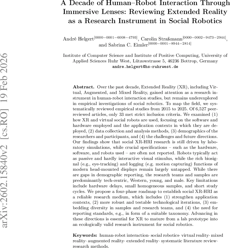 XR을 활용한 사회 로봇 연구 10년 리뷰